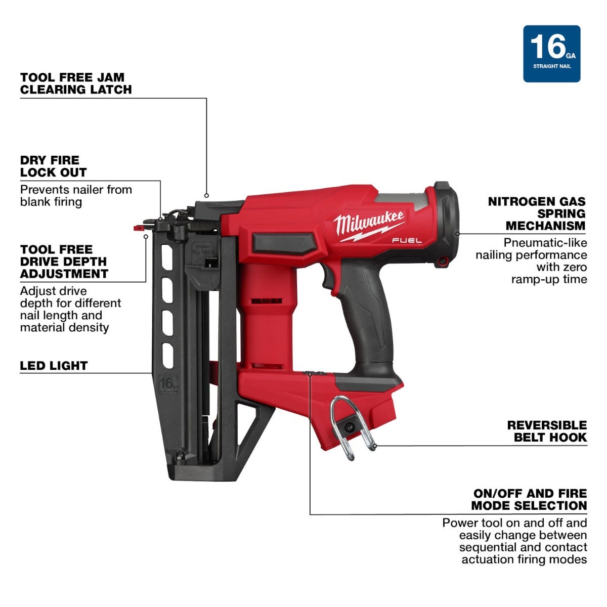 Milwaukee 3020-20 M18 Straight 16-Gauge Finish Nailer, Tool Only