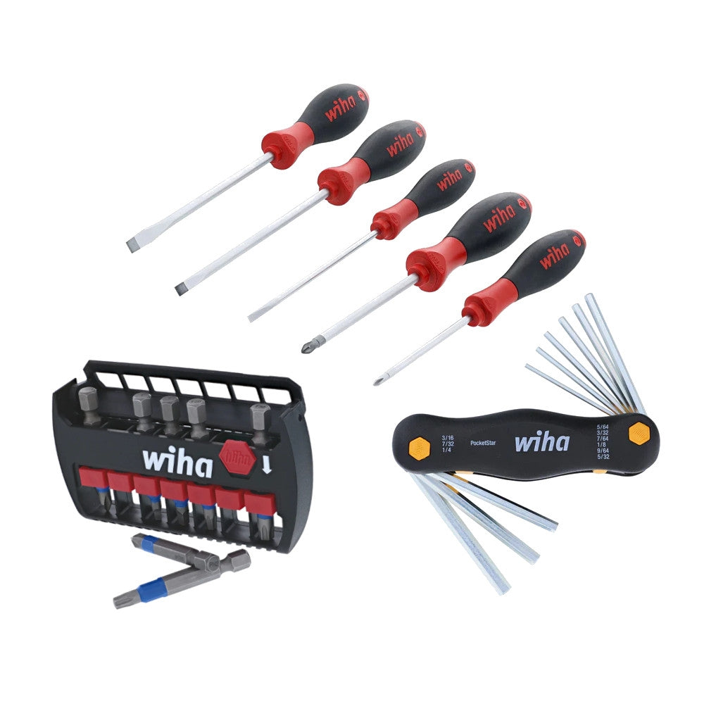 Wiha 5-Piece SoftFinish Screwdriver Set w/ 9-Piece PocketStar Fold Out Hex Set & 7-Piece TerminatorBlue Impact Bit Set