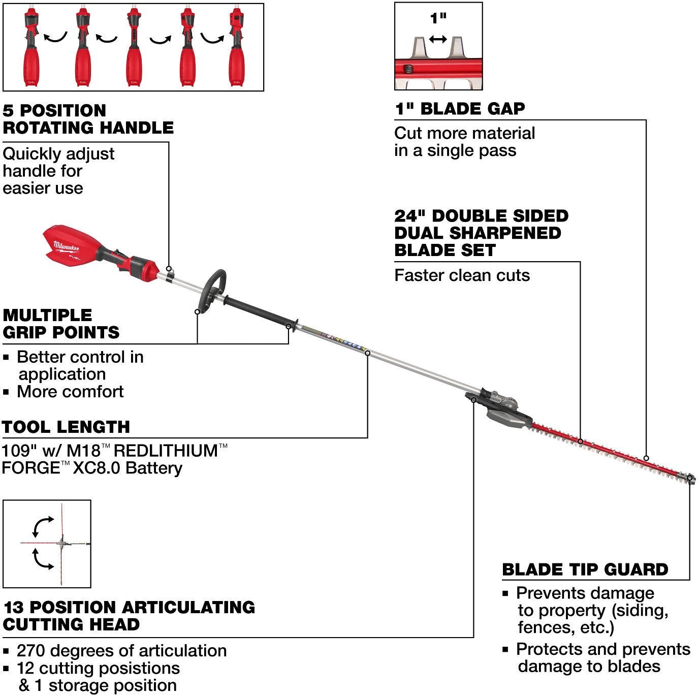 Milwaukee 3035-20 M18 FUEL Extended Pole Articulating Hedge Trimmer, Tool Only