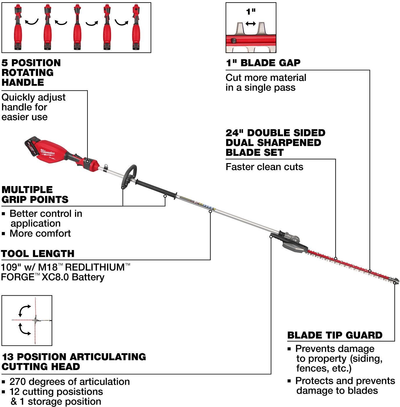 Milwaukee 3035-21 M18 FUEL Extended Pole Articulating Hedge Trimmer 8.0Ah Kit