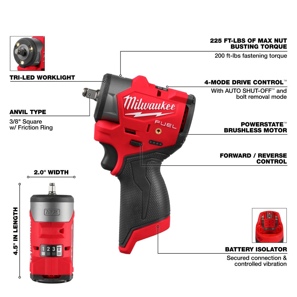 Milwaukee 3049-20 M12 FUEL 3/8" Subcompact Impact Wrench w/ Friction Ring, Tool Only