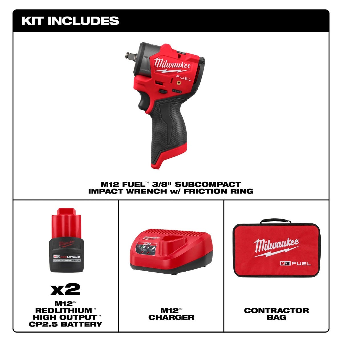 Milwaukee 3049-22 M12 FUEL 3/8" Subcompact Impact Wrench w/ Friction Ring 2.5Ah Kit