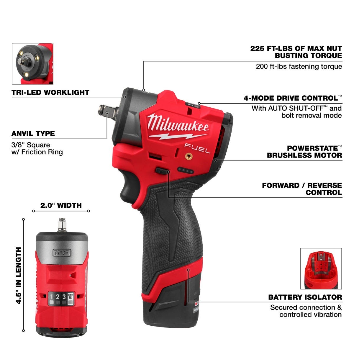 Milwaukee 3049-22 M12 FUEL 3/8" Subcompact Impact Wrench w/ Friction Ring 2.5Ah Kit