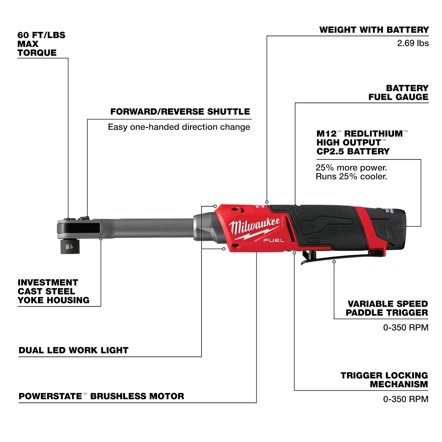 Milwaukee 3050-21 M12 FUEL INSIDER Extended Reach Box Ratchet + Compact Tire Inflator