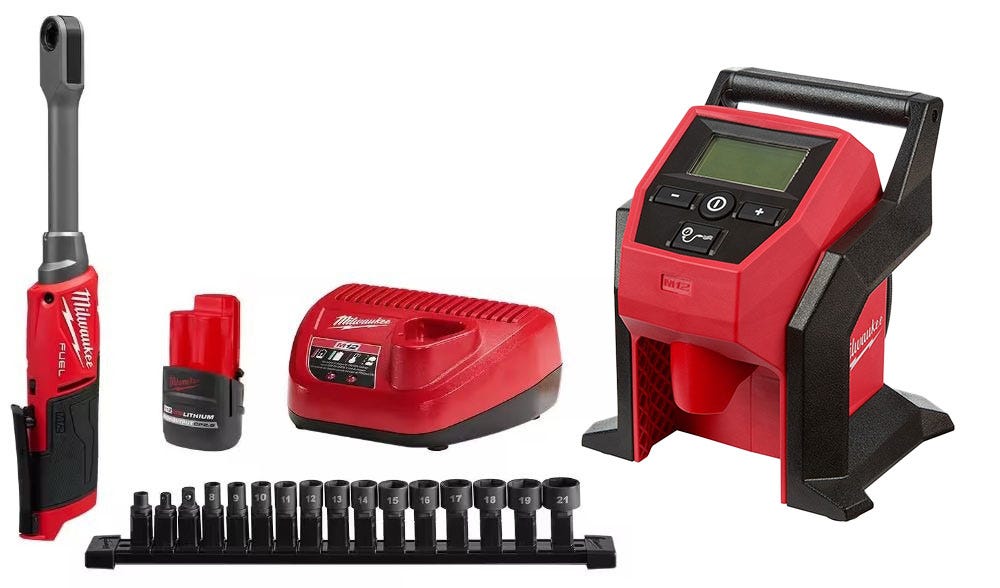 Milwaukee 3050-21 M12 FUEL INSIDER Extended Reach Box Ratchet + Compact Tire Inflator