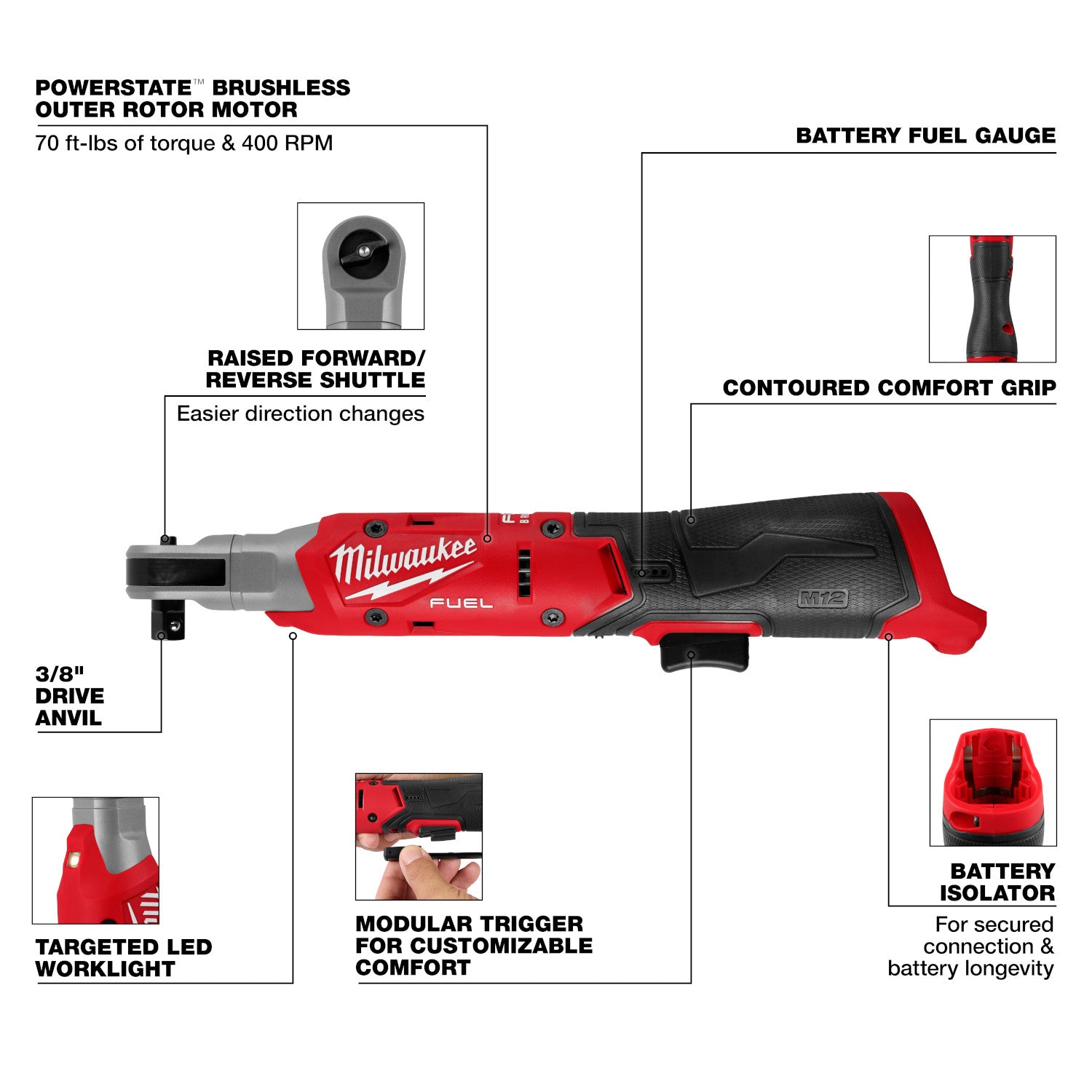 Milwaukee 3053-20 M12 FUEL Brushless 3/8-in. Ratchet, Tool Only