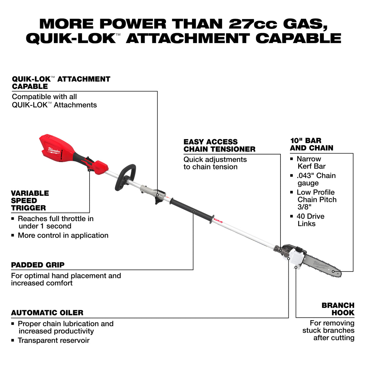 Milwaukee M18 QUIK-LOK Brushless 10-in. Pole Saw 3115-20PS feature walk-around