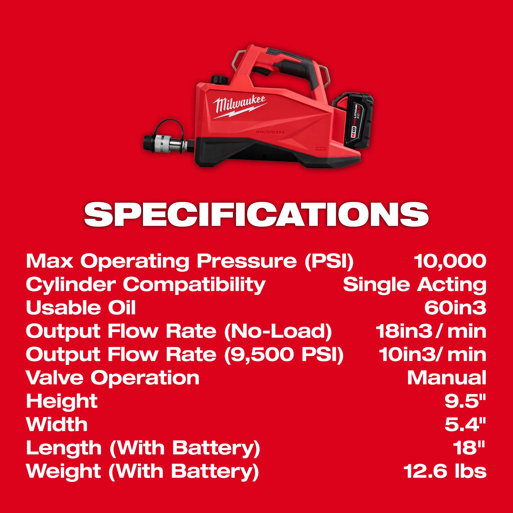 Milwaukee 3120-21 M18 Brushless Single Acting 60in3 10,000psi Hydraulic Pump