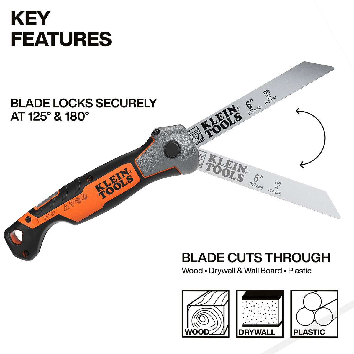 Klein Tools 31757 folding jab saw interchangeable blades for drywall, wood, metal and plastic