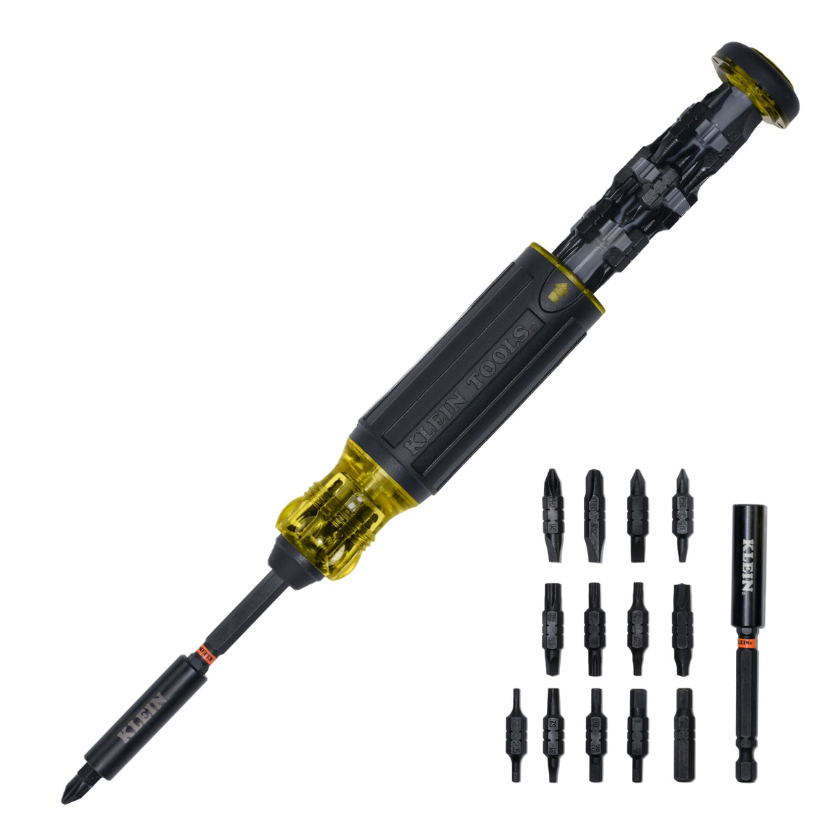 Klein Tools 32317HD 27-in-1 impact-rated multi-bit screwdriver with slim black and yellow Cushion-Grip handle