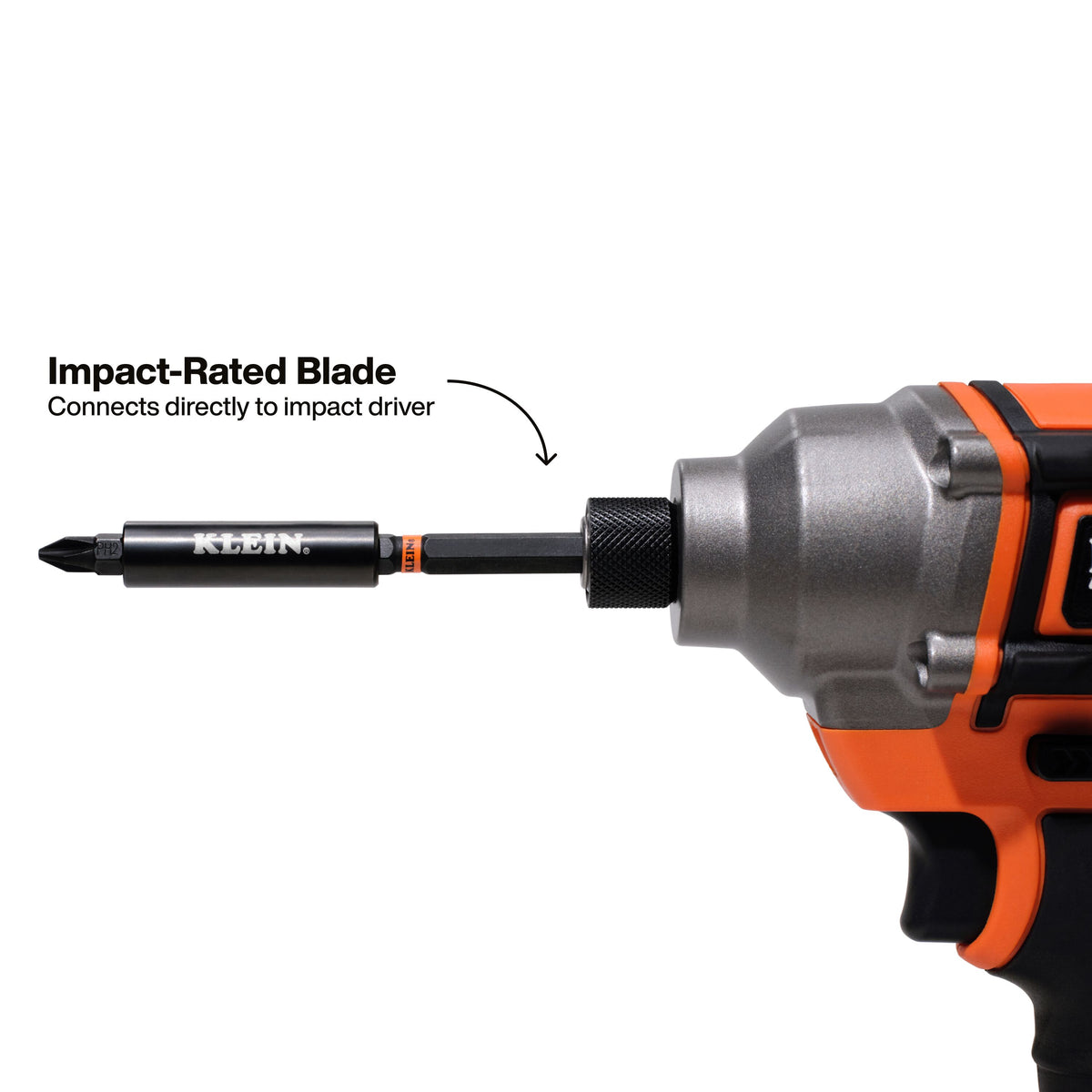 Klein Tools 32317HD removable impact-rated 1/4-inch bit holder connecting to an impact driver