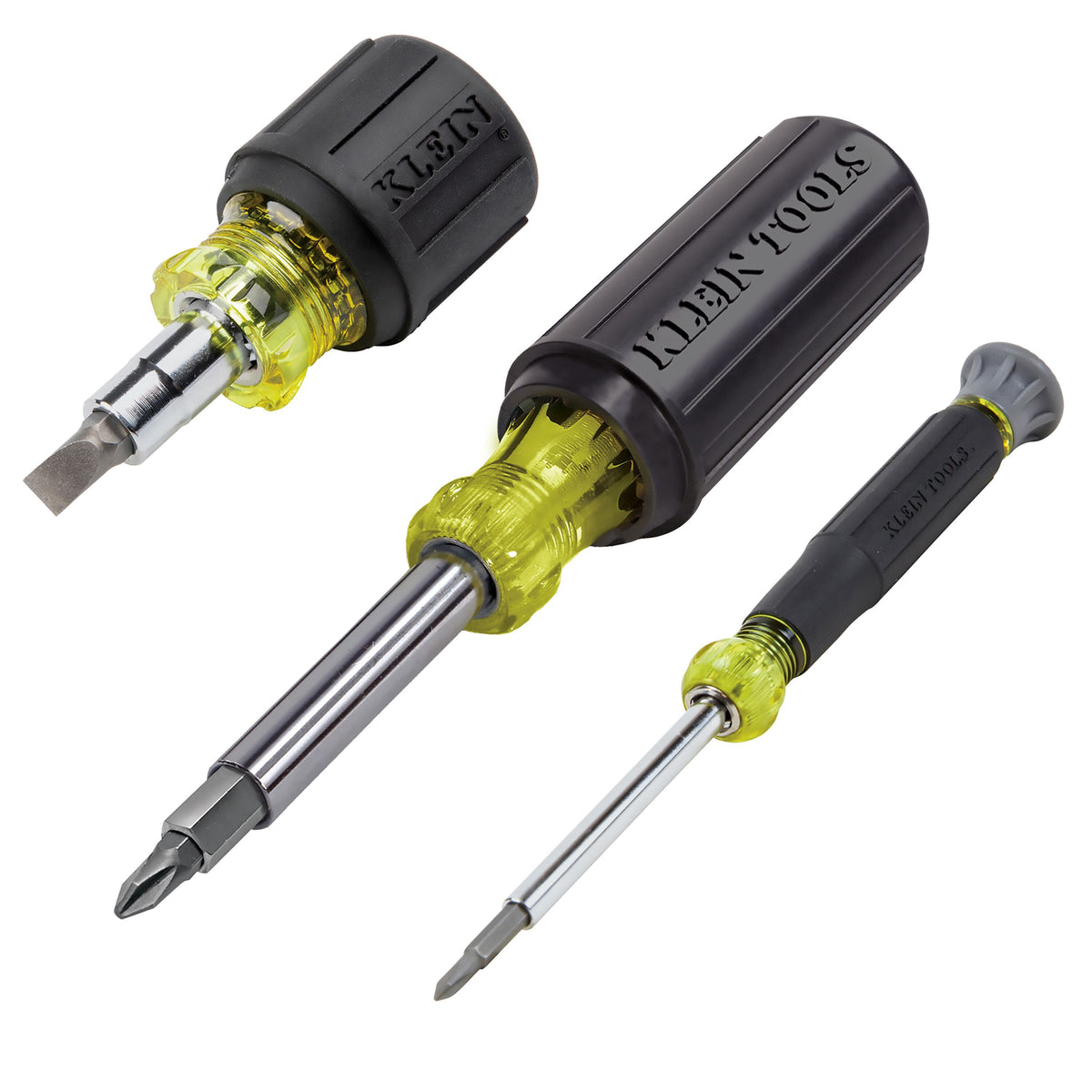 Klein Tools 32500SDKIT 3-piece multi-bit screwdriver and nut driver set with yellow and black Cushion-Grip handles
