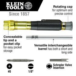 Klein Tools 32613 HVAC Pocket Screwdriver, 3-in-1, Phillips, Slotted, Schrader Bits