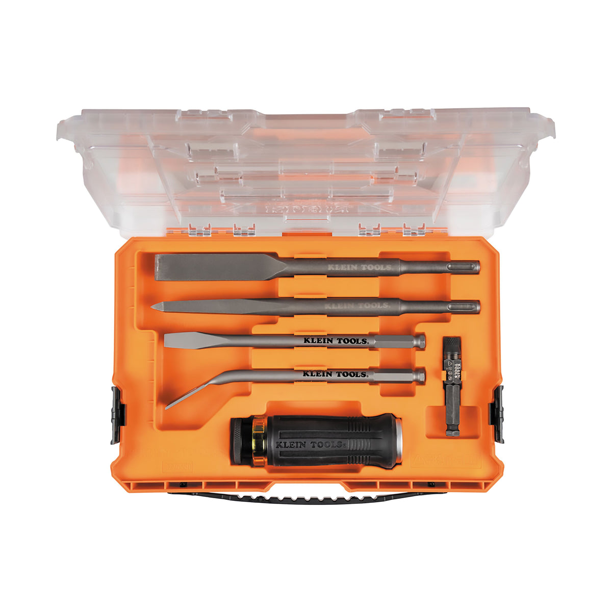 Klein SDS-Plus Chisel Bit Set 32755SD case open showing bits and handle