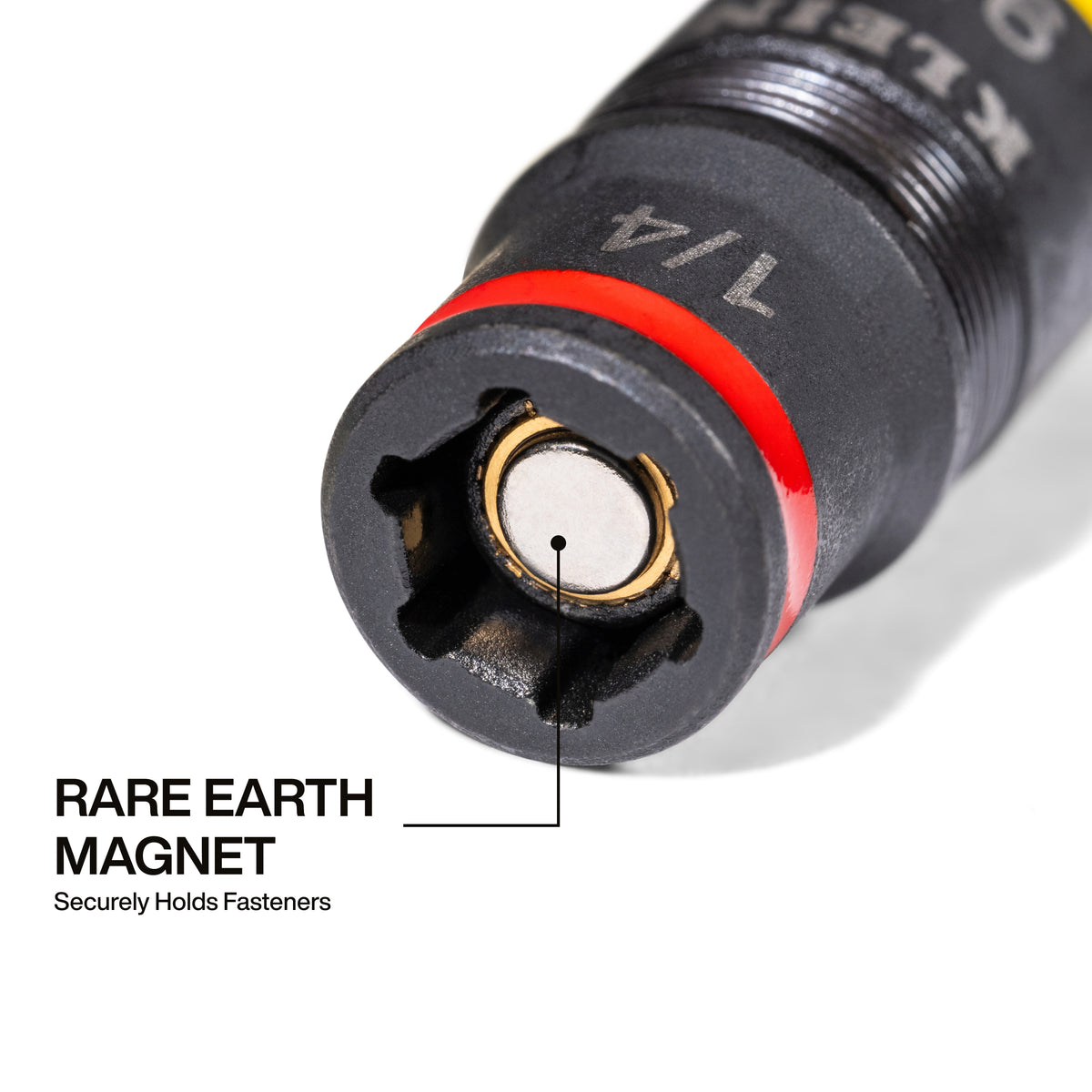 Klein Tools 32933KIT magnetic flip socket holding a hex fastener for one-handed driving