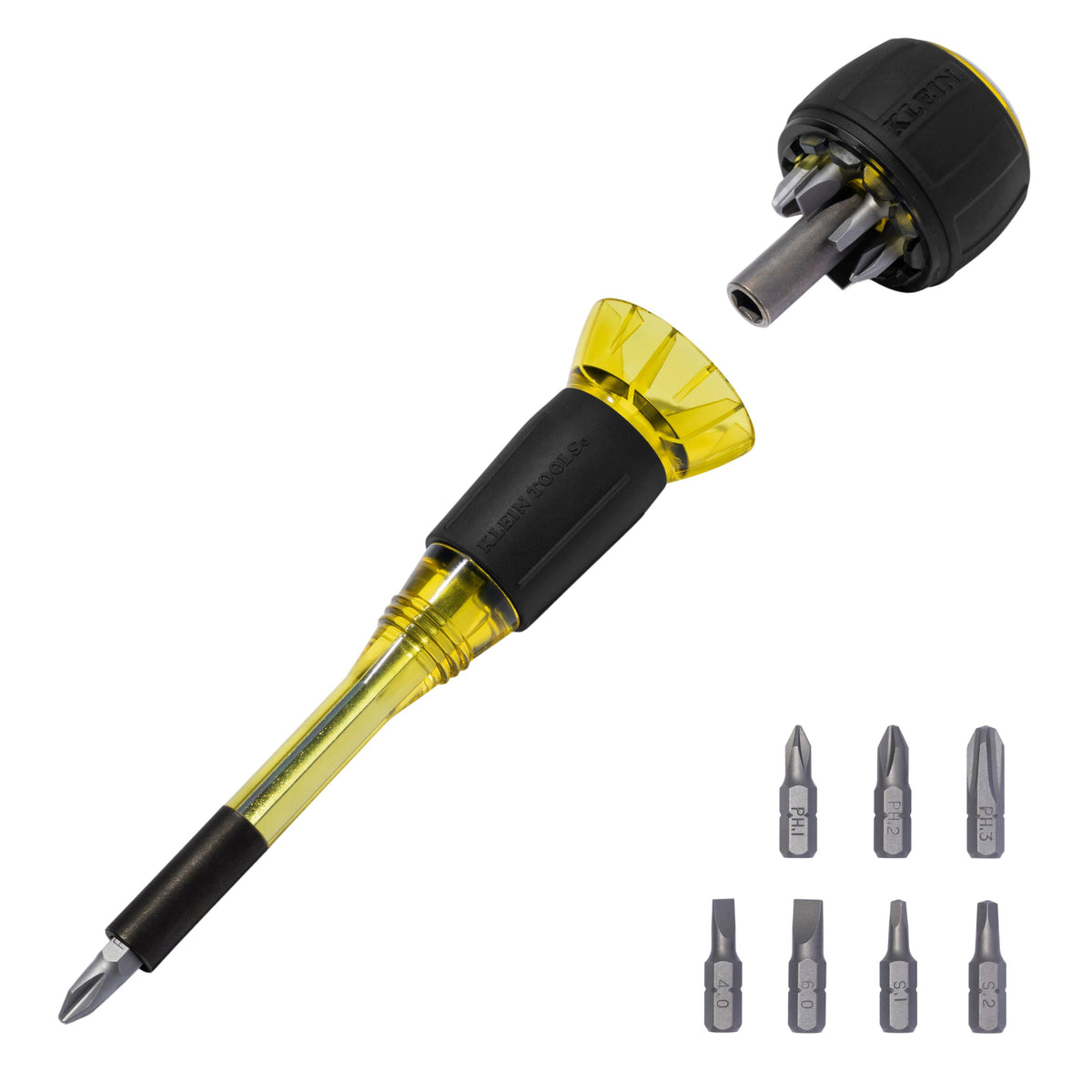 Klein Tools 8-in-1 Tru-Grip Screwdriver with Stubby (32961A) black and yellow multi-bit screwdriver with removable stubby handle