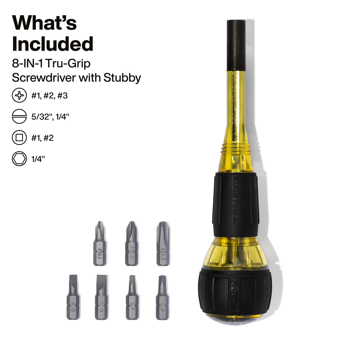 Klein Tools 8-in-1 Tru-Grip Screwdriver with Stubby (32961A) Phillips, slotted and square bits stored in the stubby