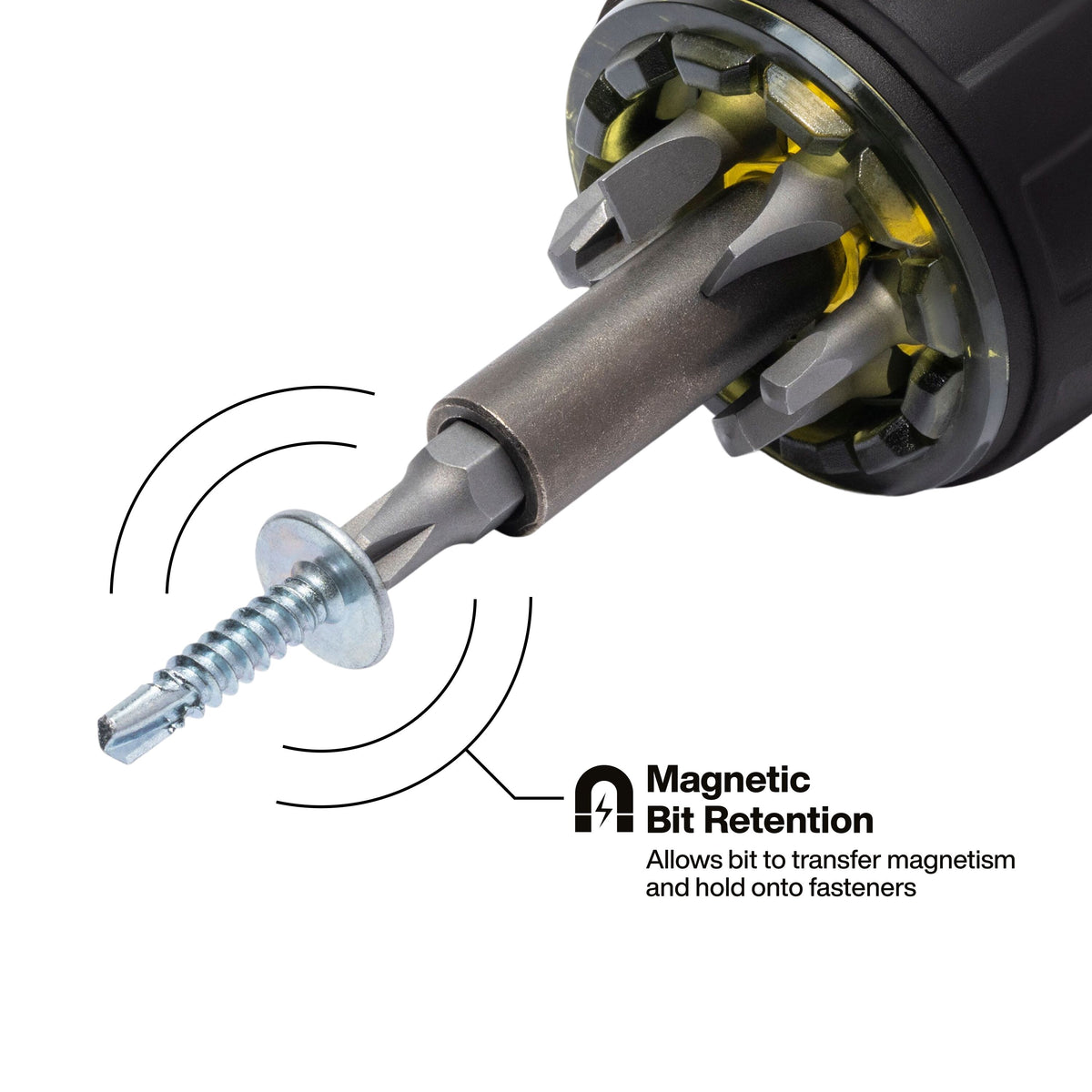 Klein Tools 8-in-1 Tru-Grip Screwdriver with Stubby (32961A) magnetic bit holding a screw hands-free