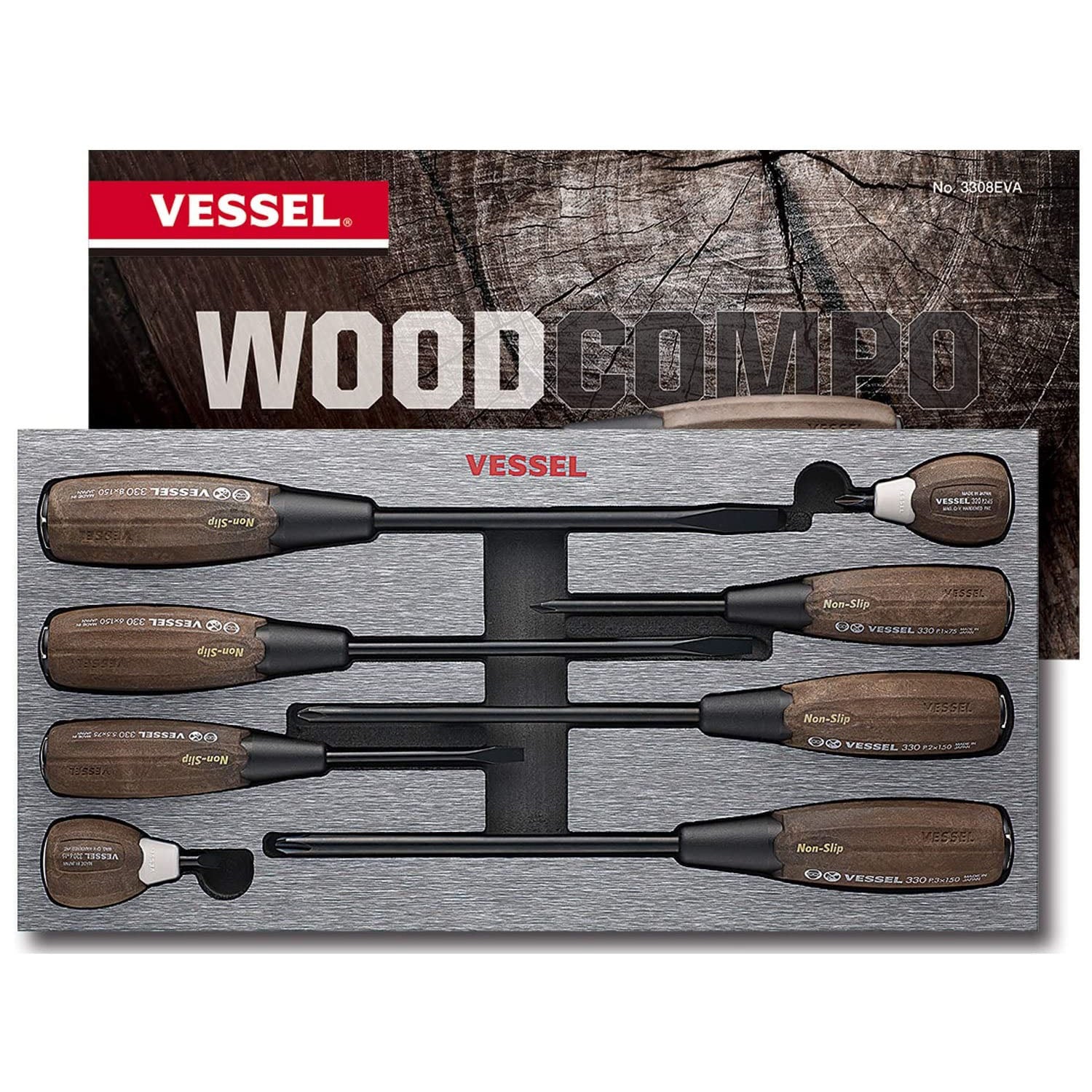 Vessel 3308EVA WOOD-COMPO tang-thru screwdriver cap and handle detail