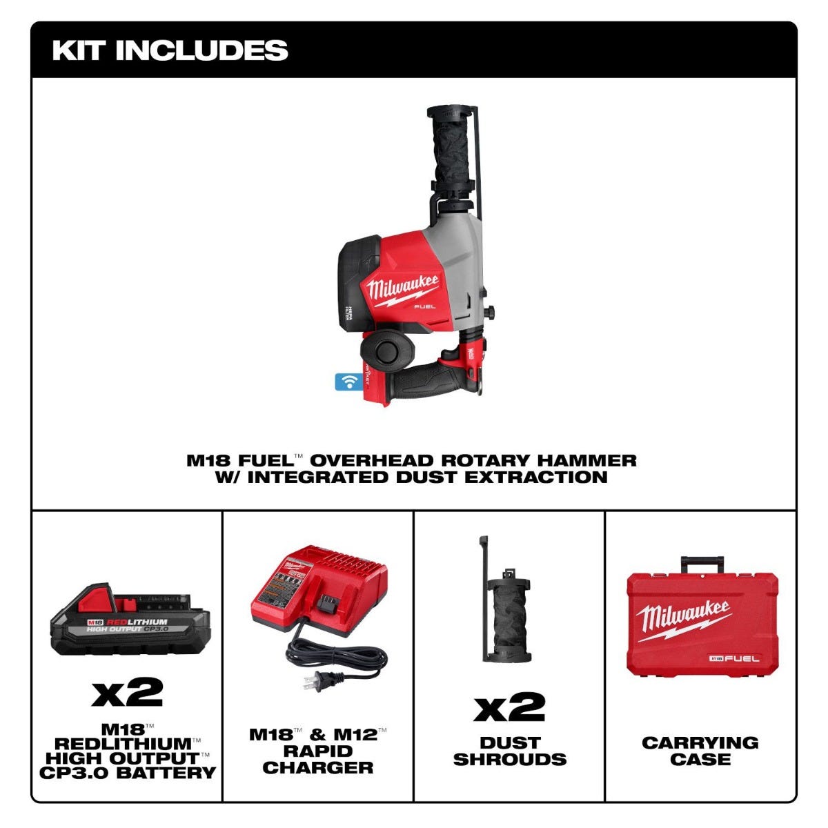 Milwaukee 3311-22 M18 FUEL Overhead Rotary Hammer w/ Integrated Dust Extraction 3.0Ah CP Kit
