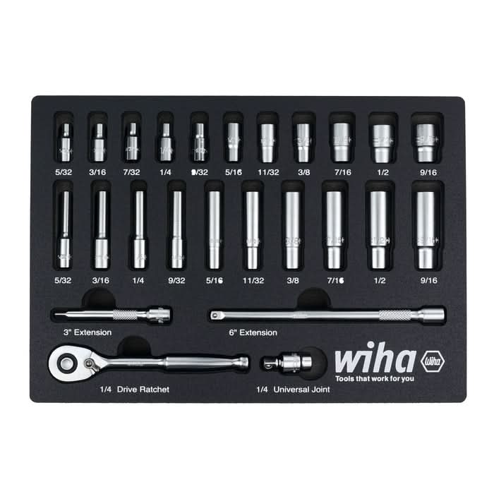 Wiha 33396 25-Piece 1/4 in. Drive Professional Standard And Deep Socket Tray Set, SAE