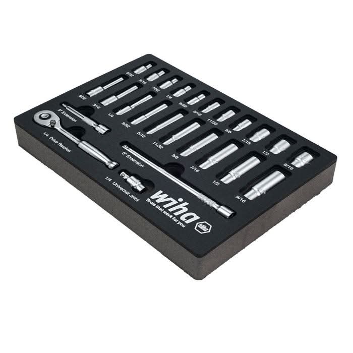 Wiha 33396 25-Piece 1/4 in. Drive Professional Standard And Deep Socket Tray Set, SAE