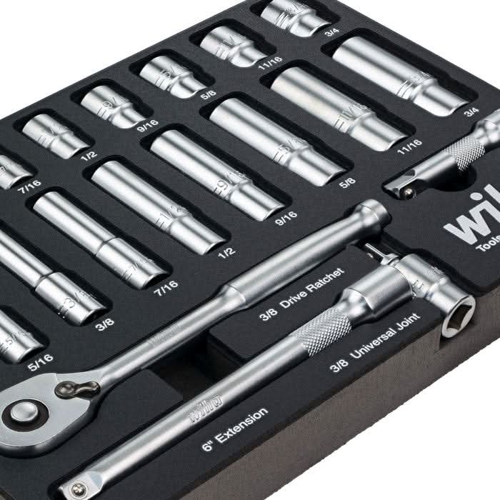 Wiha 33795 24-Piece 3/8 in. Drive Professional Standard And Deep Socket Tray Set, Metric