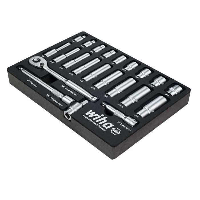 Wiha 33796 22-Piece 3/8 in. Drive Professional Standard And Deep Socket Tray Set, SAE