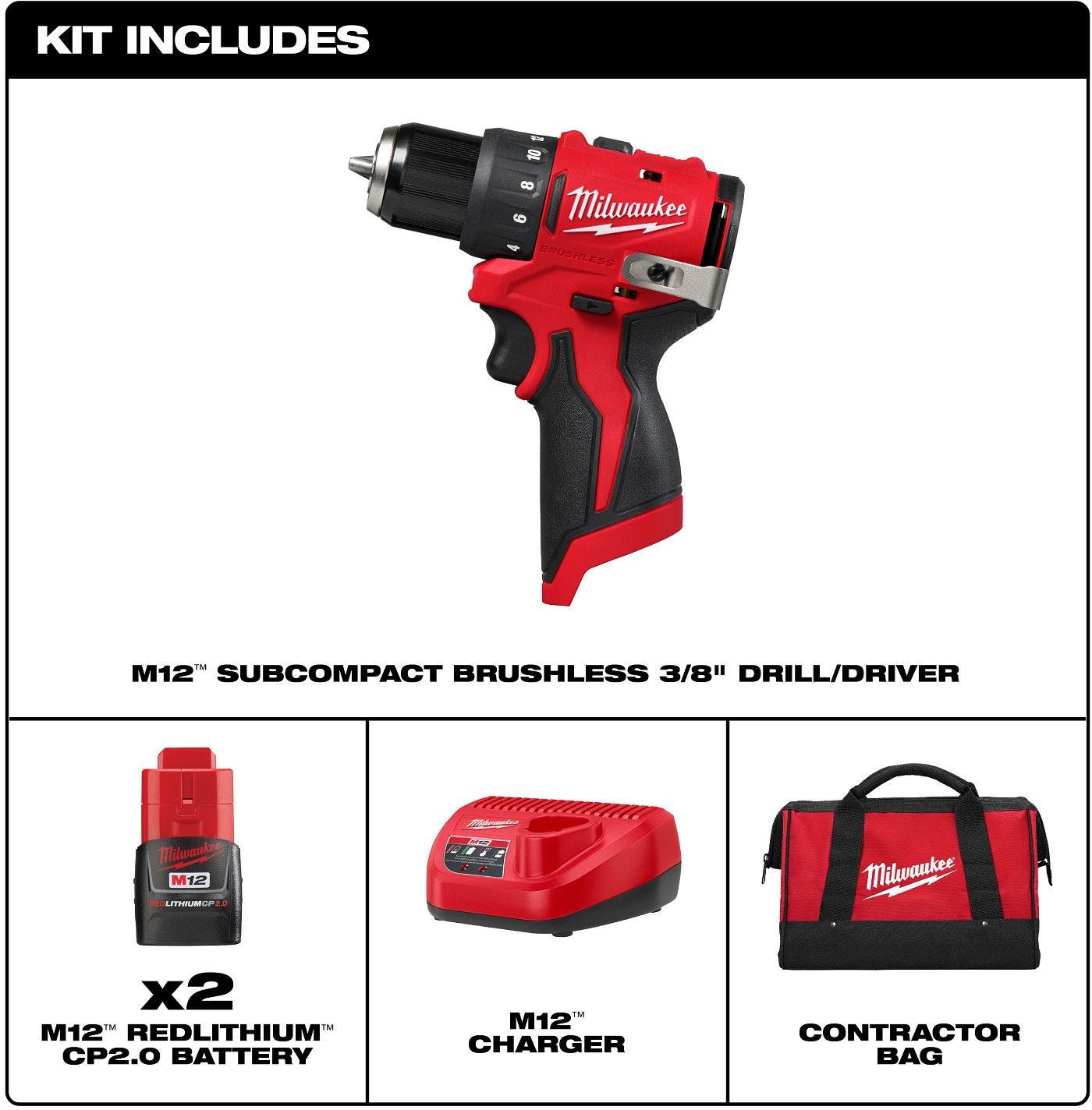 Milwaukee 3401-22 M12 Subcompact Brushless 3/8" Drill/Driver 2.0Ah Kit