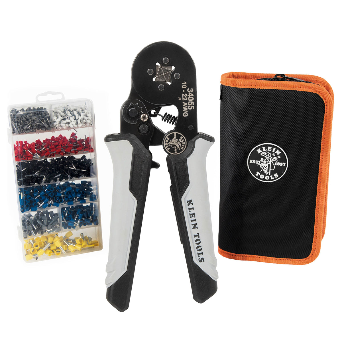Klein Ratcheting Ferrule Square Crimper Set 34060 with terminals and soft case