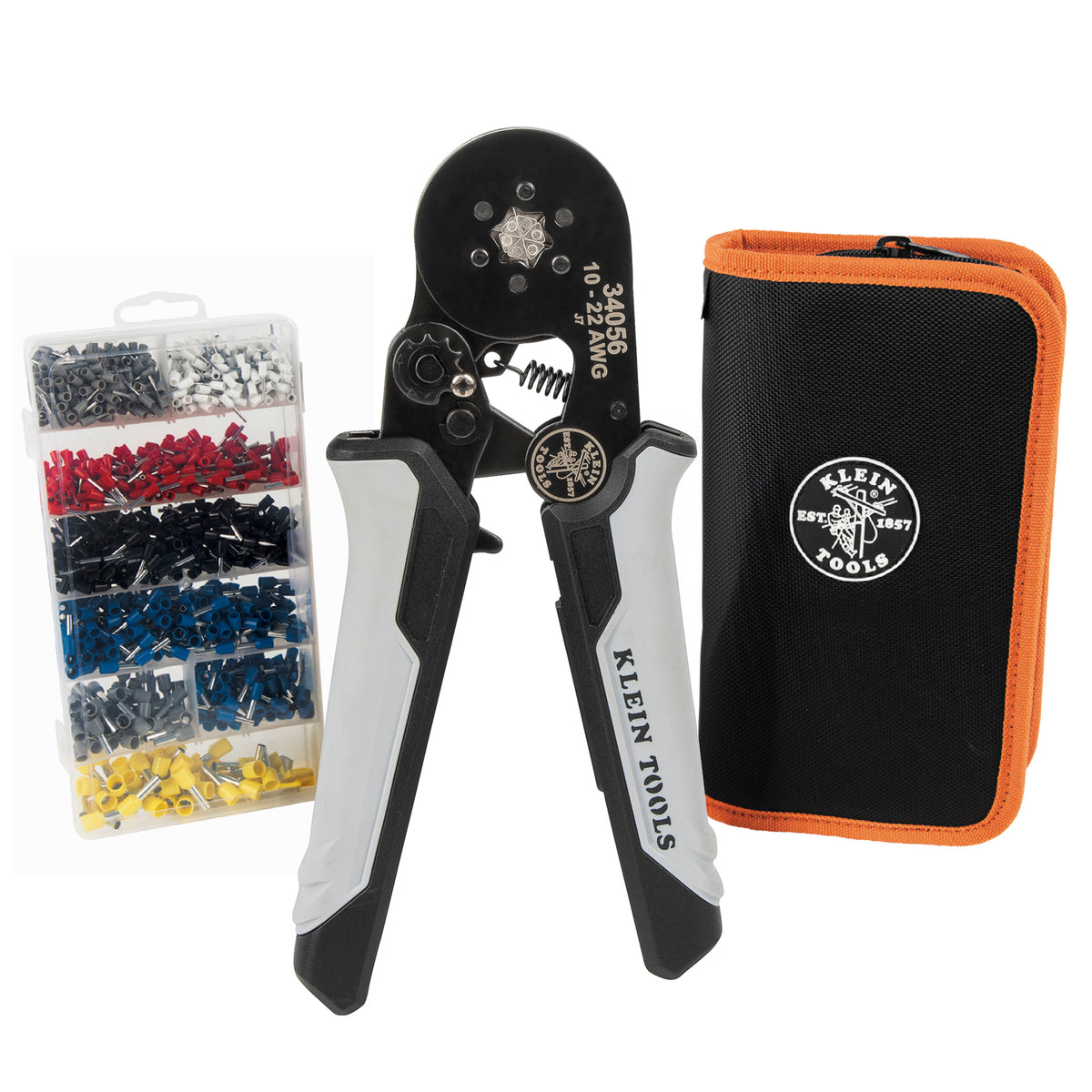 Klein Ratcheting Ferrule Hex Crimper Set 34061 with terminals and soft case