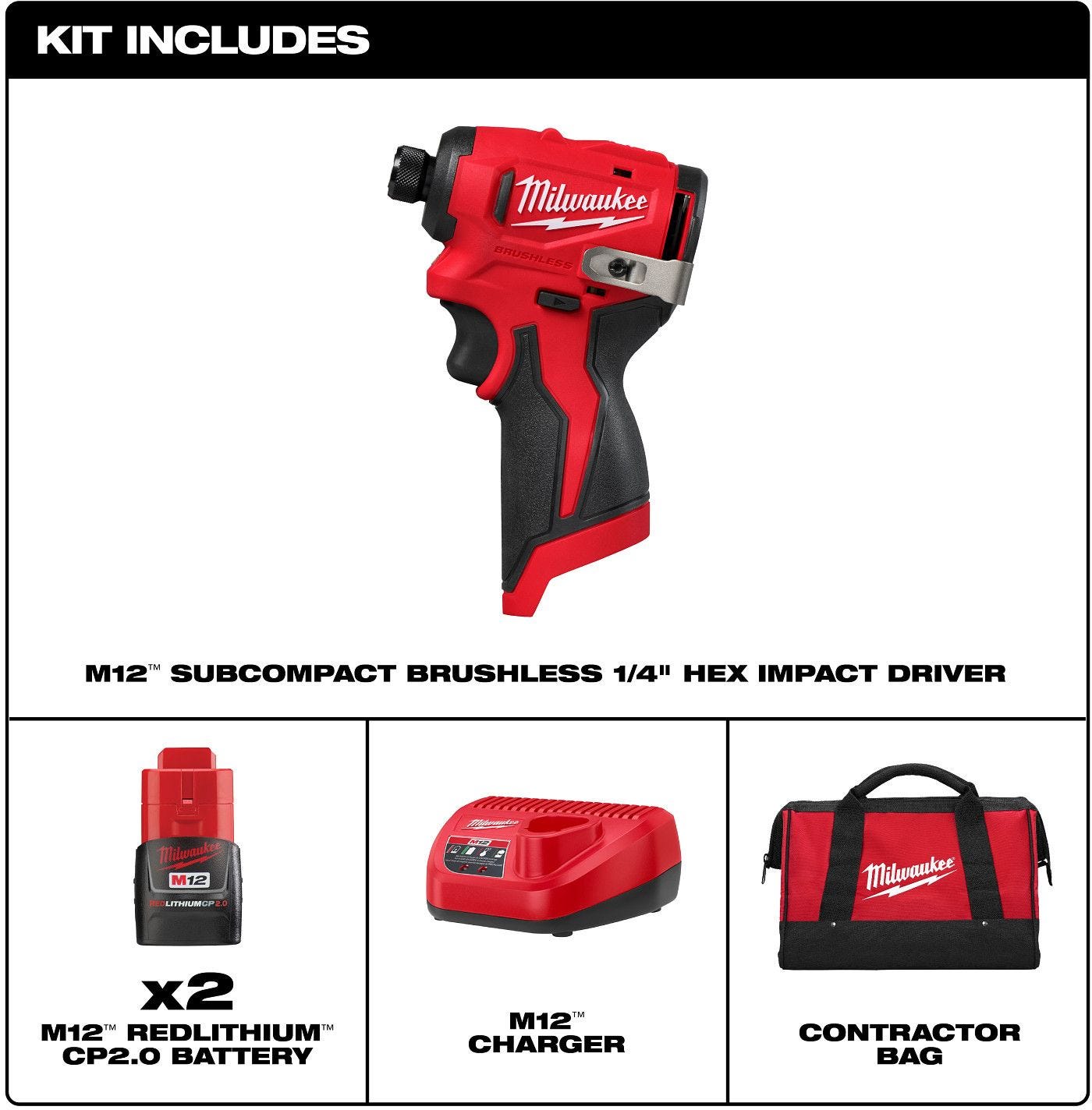 Milwaukee 3450-22 M12 Subcompact Brushless 1/4" Hex Impact Driver 2.0Ah Kit