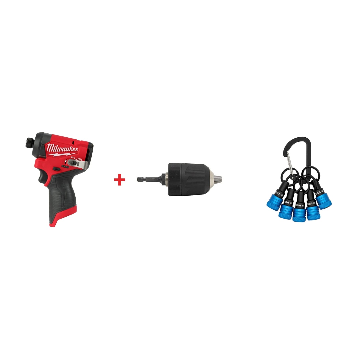 Milwaukee M12 FUEL 1/4-in. Hex Impact Driver, Tool Only with Vega 1/2 in. Keyless Chuck Adapter and Keychain Bit Holder