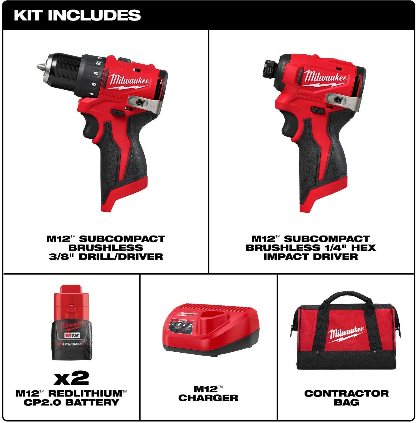 Milwaukee 3494-22 M12 Subcompact Brushless 2-Tool 2.0Ah Combo Kit