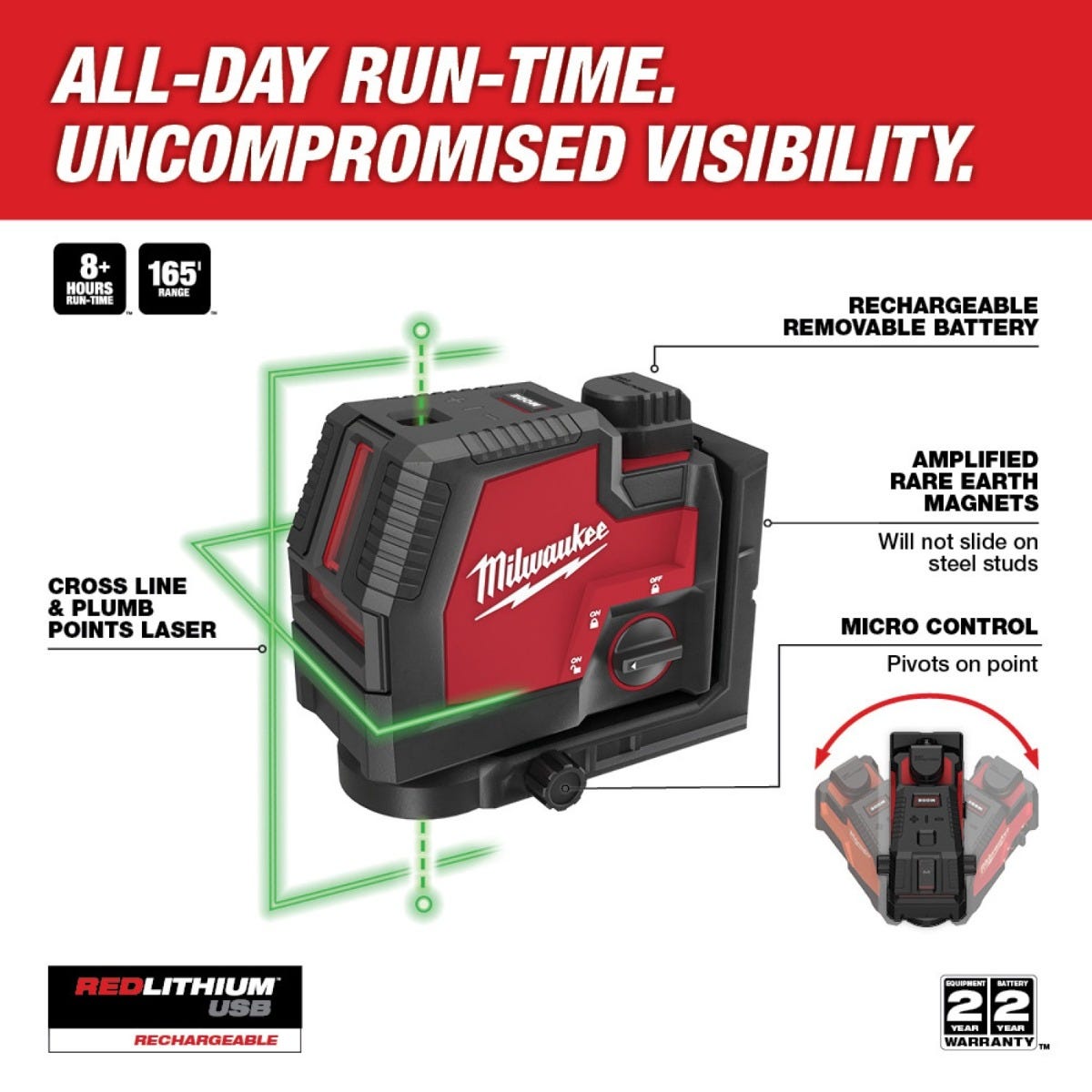 Milwaukee 3522-21 USB Rechargeable Green Cross Line & Plumb Points Laser