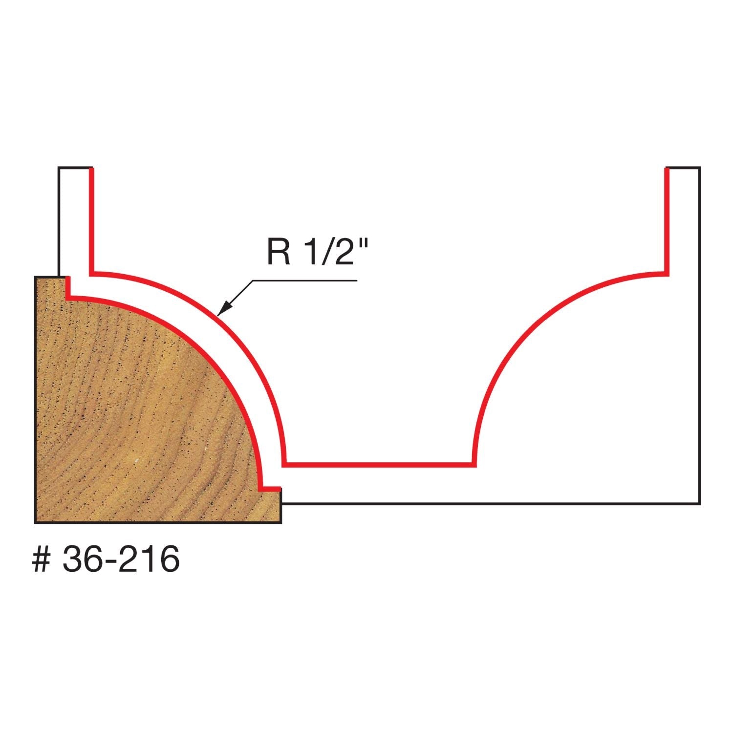 Freud 36-216 1/2" Radius Beading Router Bit with Steel Pilot with 3/8" Shank - D1-1/2, B3/8, h49/64, R1/2, A3/8, H2-1/2