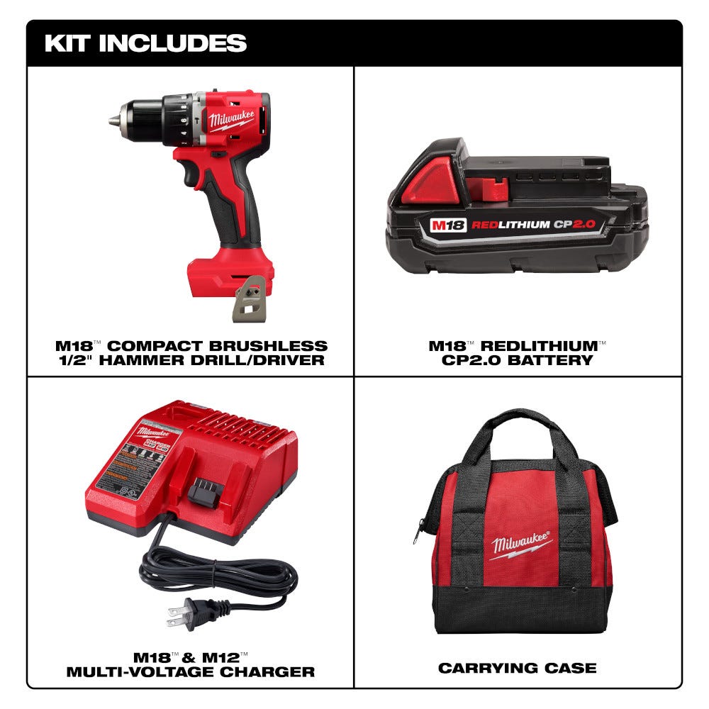 Milwaukee 3602-21P M18 Compact Brushless 1/2" Hammer Drill Kit