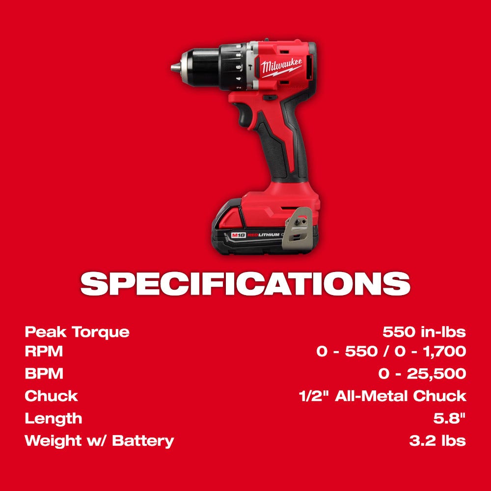 Milwaukee 3602-21P M18 Compact Brushless 1/2" Hammer Drill Kit