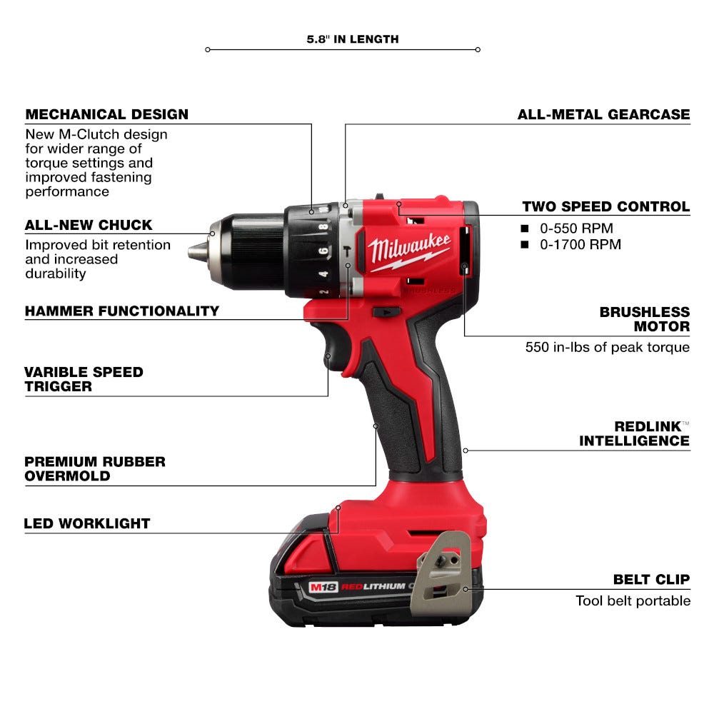 Milwaukee 3602-21P M18 Compact Brushless 1/2" Hammer Drill Kit