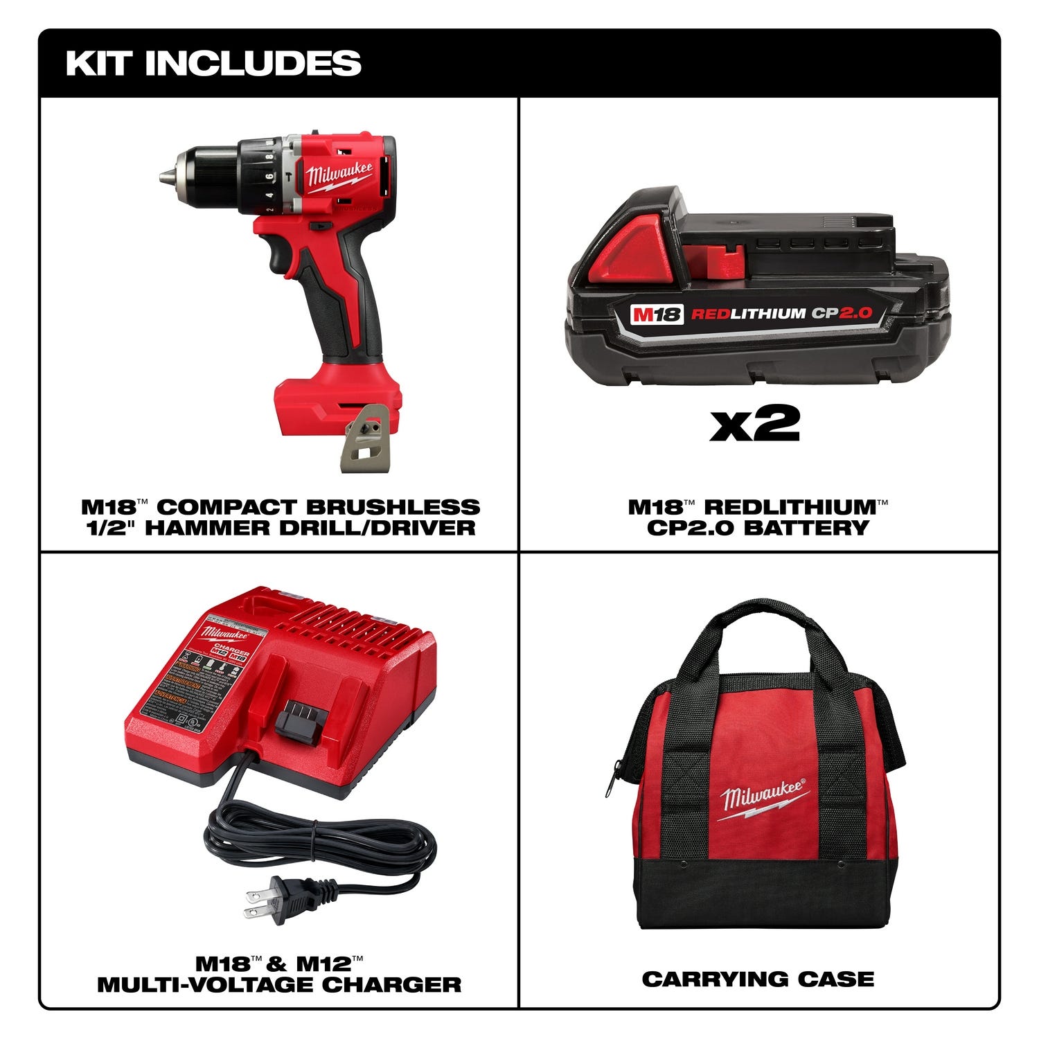 Milwaukee 3602-22CT M18 Compact Brushless 1/2" Hammer Drill Kit