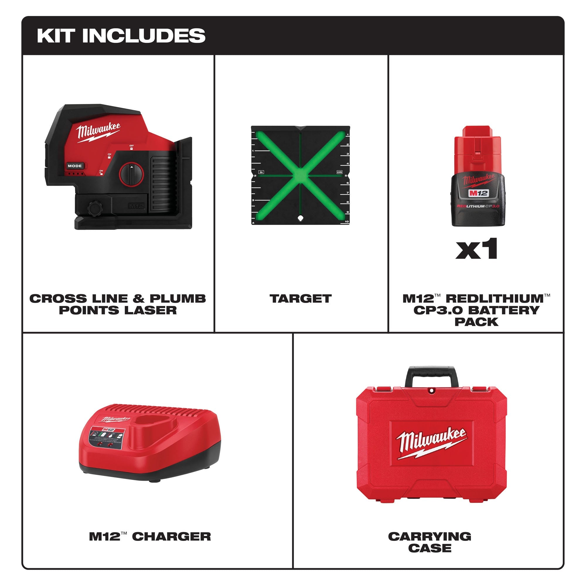 Milwaukee 3622-21 M12 Green Cross Line & Plumb Points Laser 3.0Ah Kit