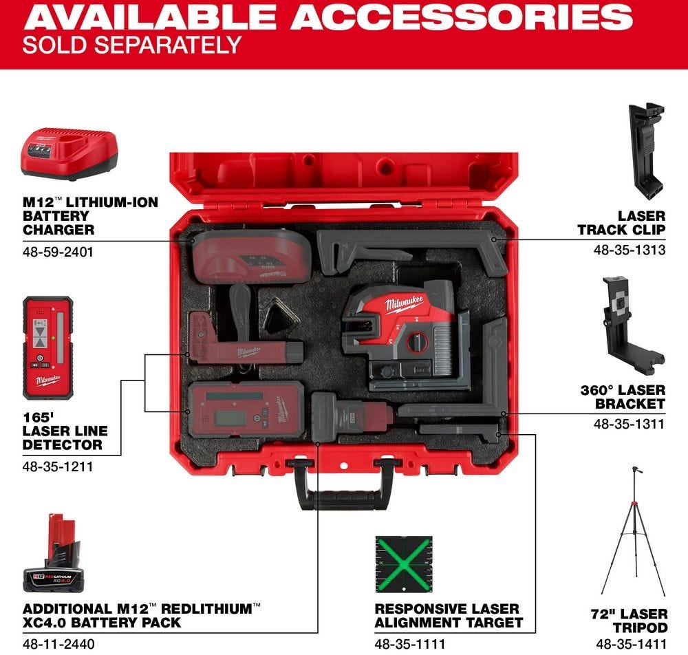 Milwaukee 3624-20 M12 Green Cross Line & 4-Points Laser