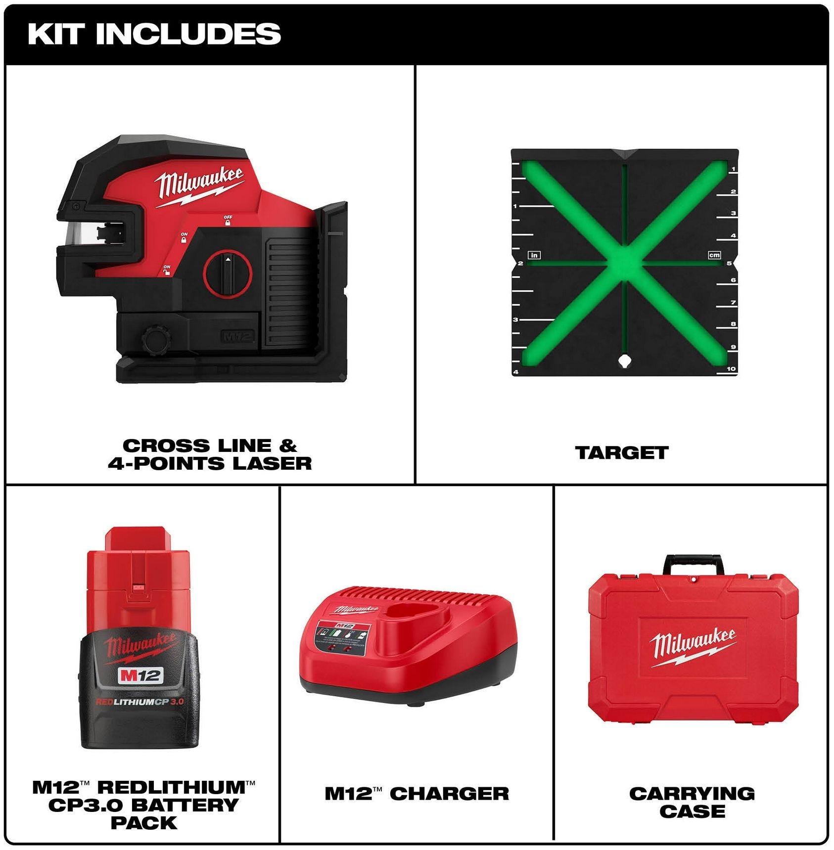 Milwaukee 3624-21 M12 Green Cross Line & 4-Points Laser Kit