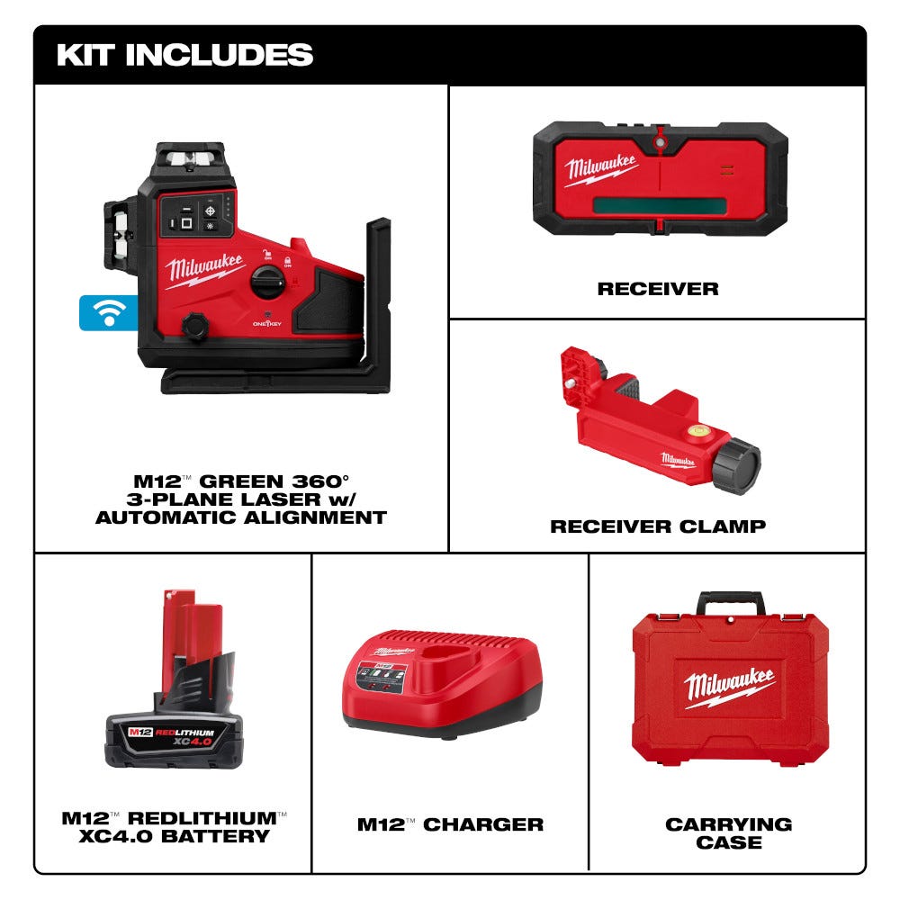 Milwaukee 3642-21 M12 Green 360&deg; 3-Plane Laser w/Automatic Alignment & Receiver