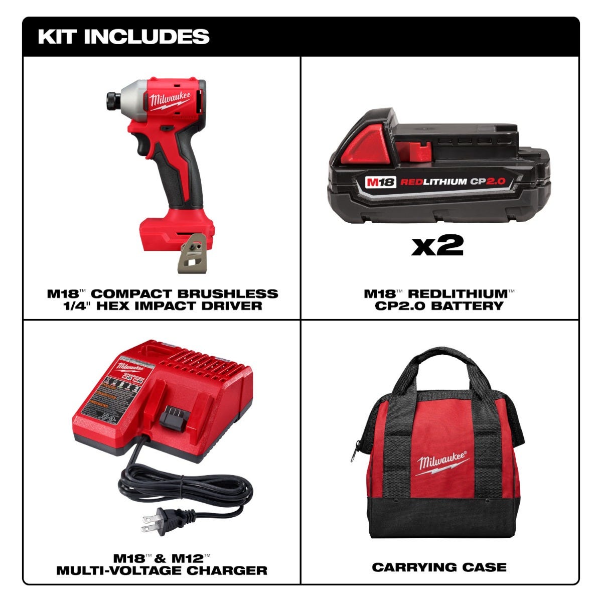 Milwaukee M18™ Compact Brushless 1/4" Hex Impact Driver Kit with 2 Batteries