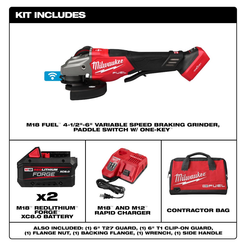 Milwaukee 3672-22 M18 FUEL 4-1/2"-6" Variable Speed Braking Grinder, Paddle Switch w/ ONE-KEY Kit