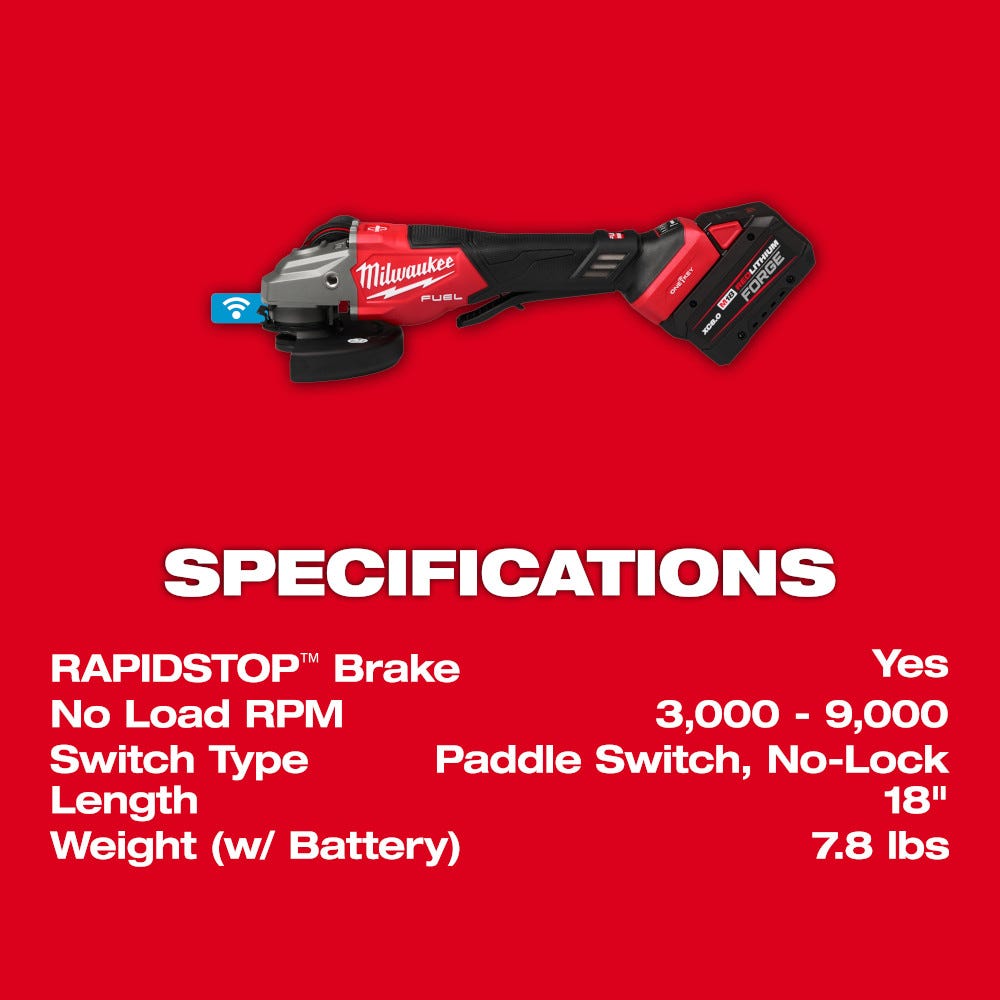 Milwaukee 3672-22 M18 FUEL 4-1/2"-6" Variable Speed Braking Grinder, Paddle Switch w/ ONE-KEY Kit