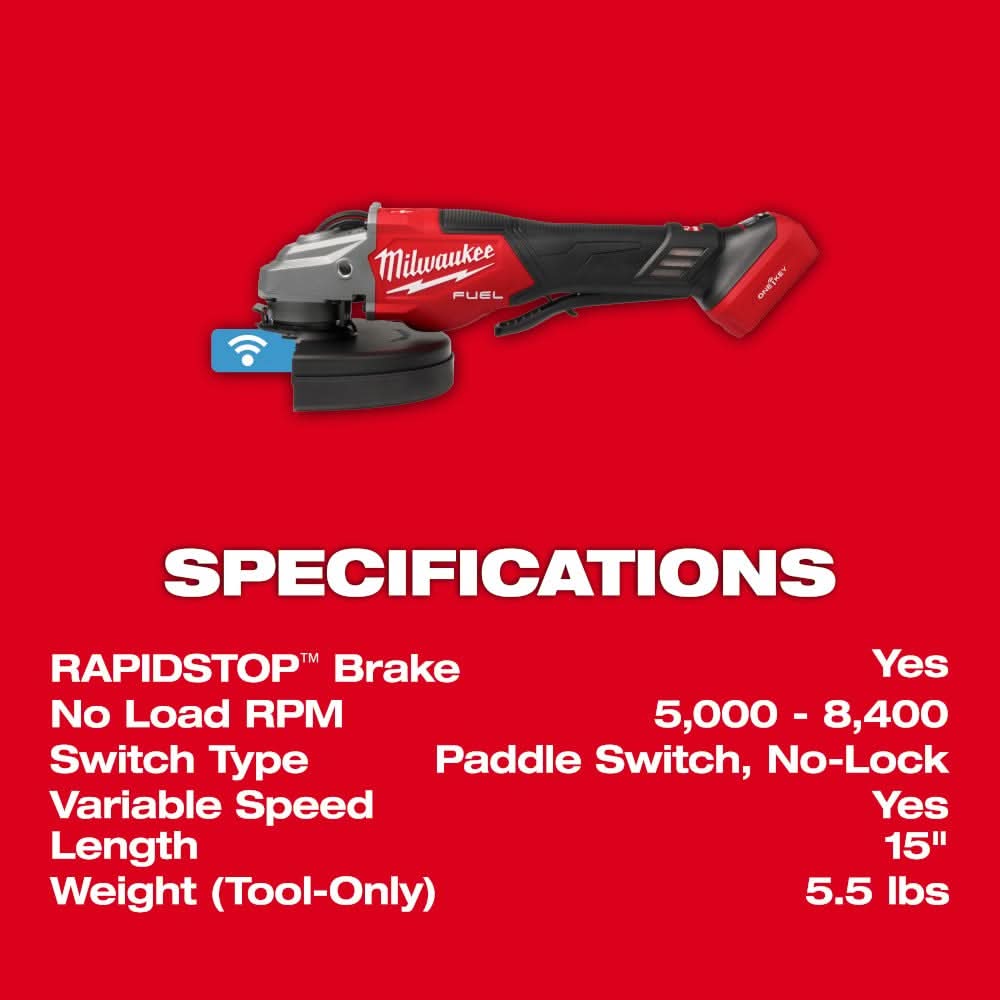 Milwaukee 3674-20 M18 FUEL 4-1/2"-7" Variable Speed Braking Grinder, Paddle Switch w/ ONE-KEY