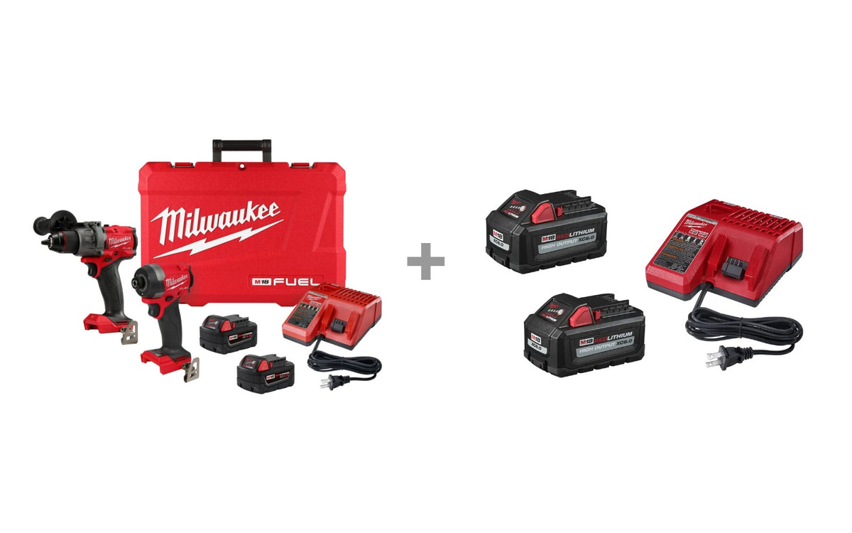 Milwaukee 3697-22 M18 FUEL hammer drill and impact driver combo kit shown with 48-59-1862S HIGH OUTPUT XC 6.0Ah battery 2-pack starter kit