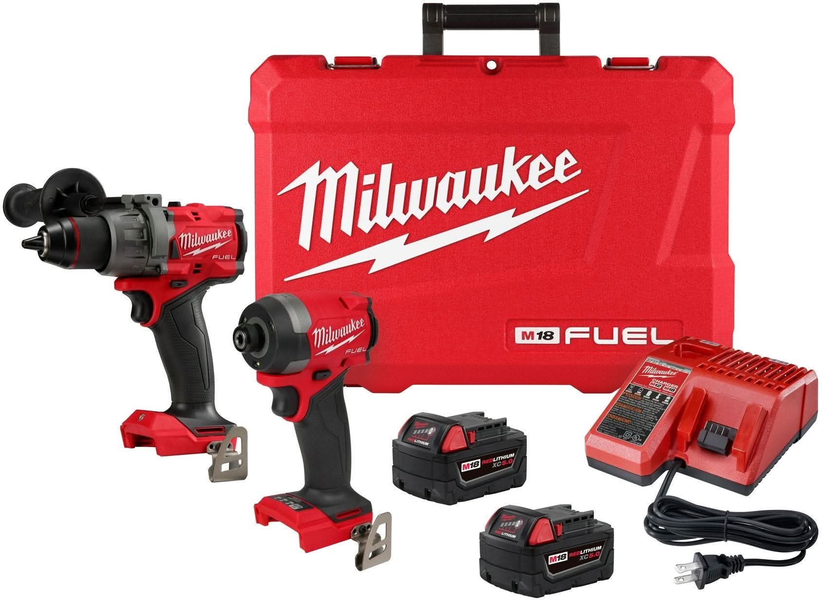 Milwaukee M18 FUEL 1/2-in. Hammer Drill and 1/4-in. Hex Impact Driver Combo Kit with M18 Battery 2-Pack
